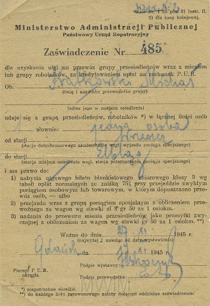 KKE 5301.jpg - Dok. Zaświadczenie z PUR-u dla Michała Katkowskiego umożliwiające przejazd PKP, Gdańsk, 17 XI 1945 r.